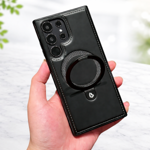 Samsung Galaxy S24 Ultra Cover - Black - Luxury Leather Case Supports Magsafe Wireless Charging, Kickstand Bracket Holder Soft Border Case